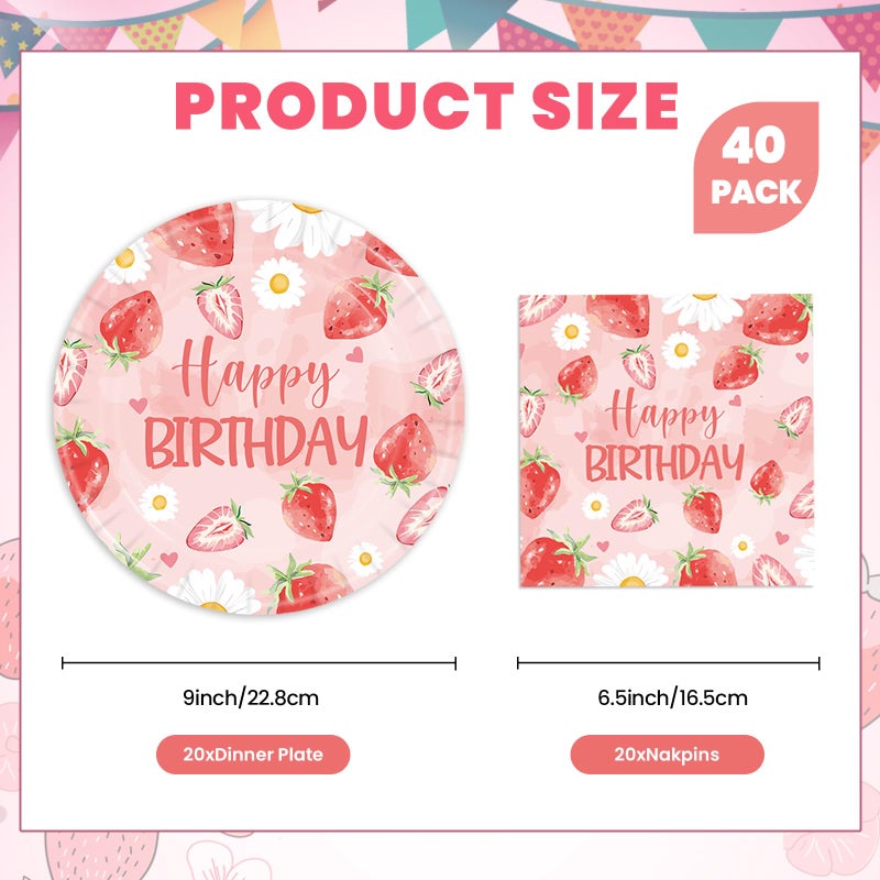 BOKFJBP 40 قطعة من أطباق الفراولة والمناديل، 9 بوصة للاستعمال مرة واحدة للربيع والصيف مجموعة أدوات مائدة لأعياد الميلاد السعيدة للفتيات والزفاف بألوان مائية وفاكهة التوت وعيد الميلاد الأول تحت عنوان ديكور حفلات استحمام الطفل يخدم 20 قطعة - Image 2